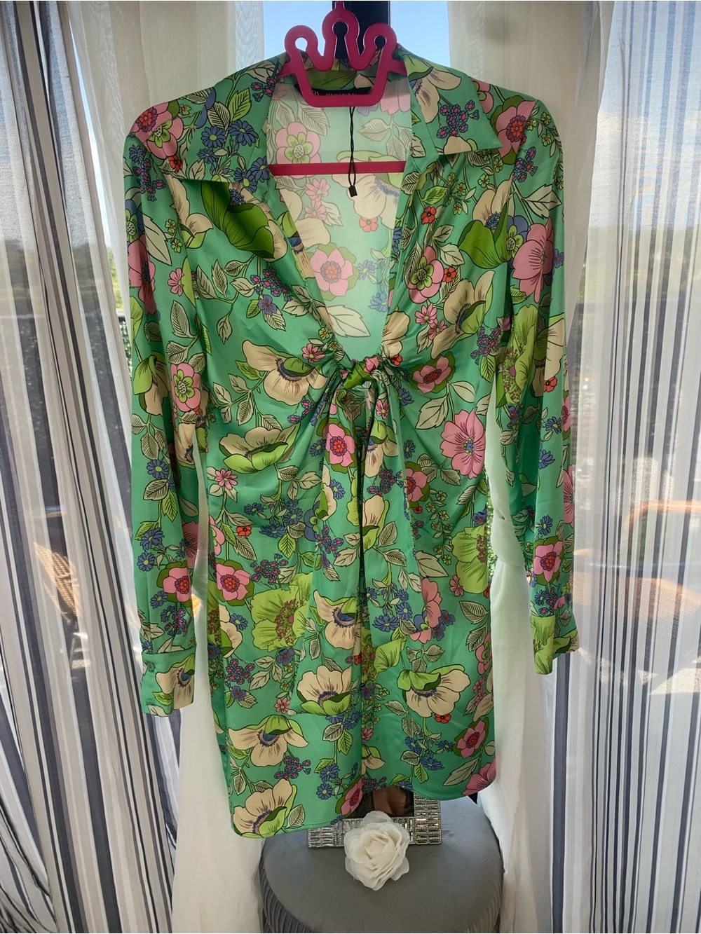 H&M Green Floral Tie-Front Mini Dress with Pink Accents
